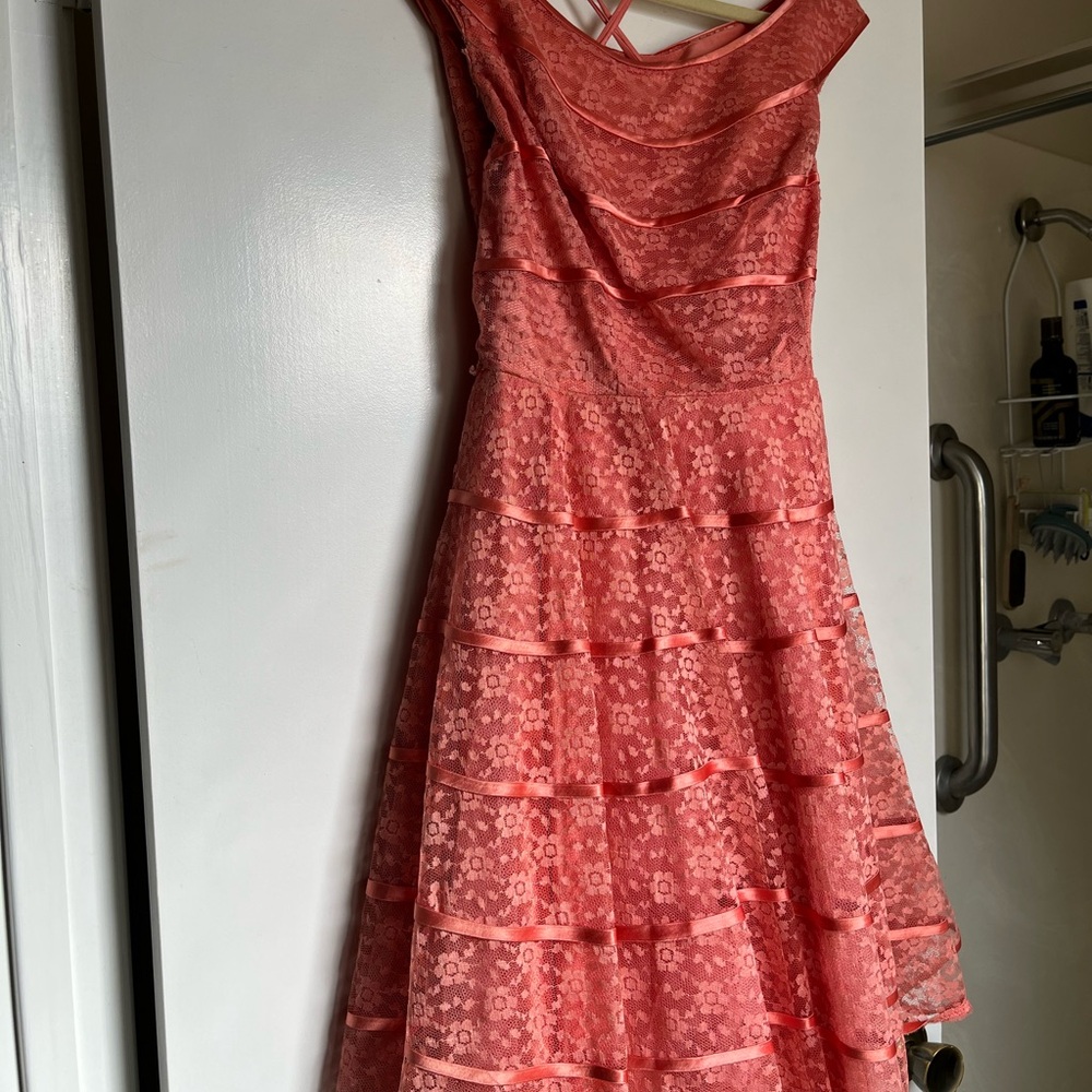 Vintage Pink prom formal Dress with lace detail, boatneck, lining, one of a kind